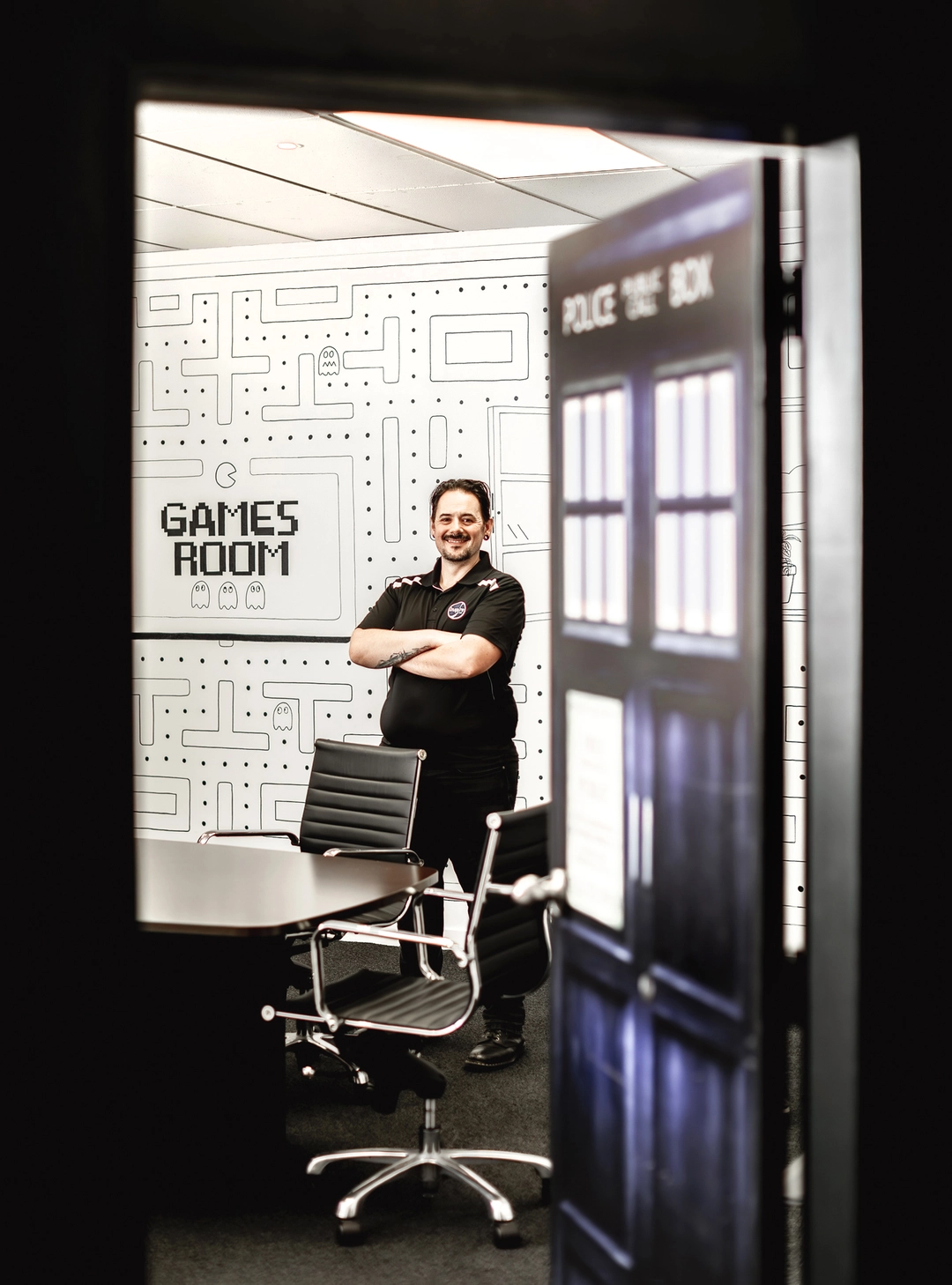 Customer service interaction at office counter