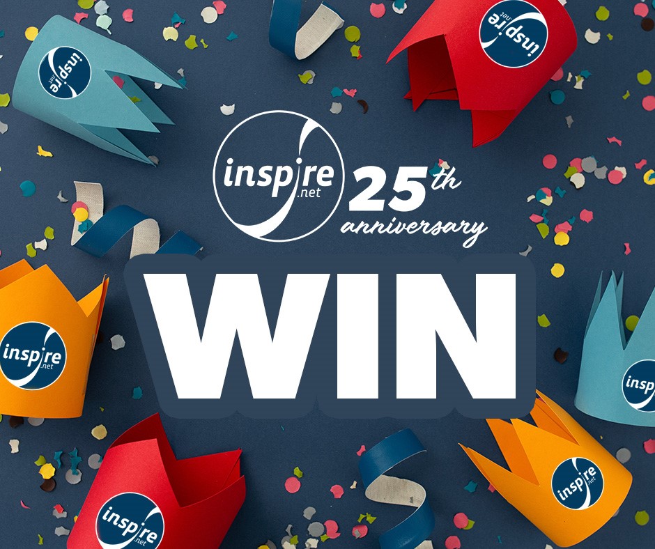Text (Inspire Net 25th Anniversary WIN) over a background of confetti and branded party hats